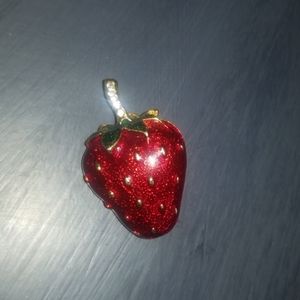Enameled strawberry brooch with rhinestone stem